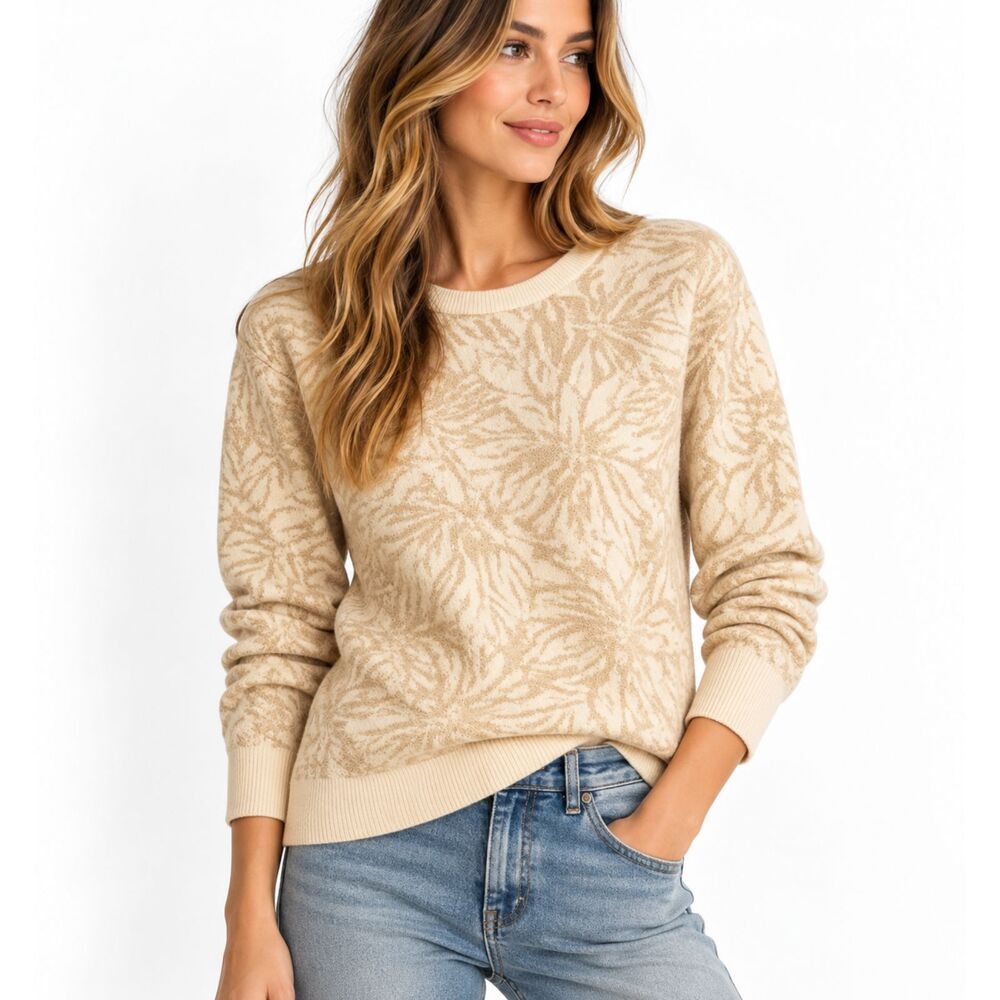 G.H. Bass Womens Floral Knit Sweater Large Cream Tan Fisherman Vintage Cotton